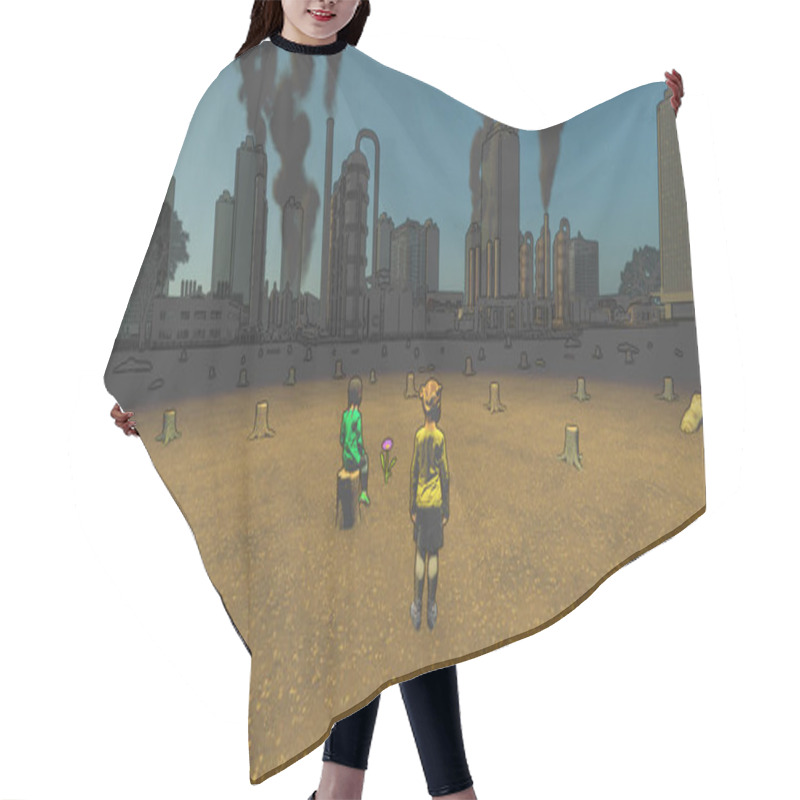 Personality  Polluted City And Girls Looking At The View With Hope, Environmental Issues, Cartoon Style Hair Cutting Cape