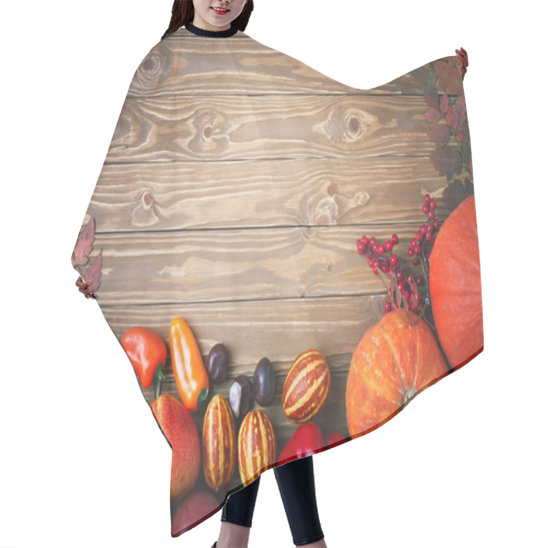 Personality  Happy Thanksgiving Day Background, Table Decorated With Pumpkins, Maize, Fruits And Autumn Leaves. Harvest Festival. The View From The Top. Horizontal. Background With Copy Space. Hair Cutting Cape