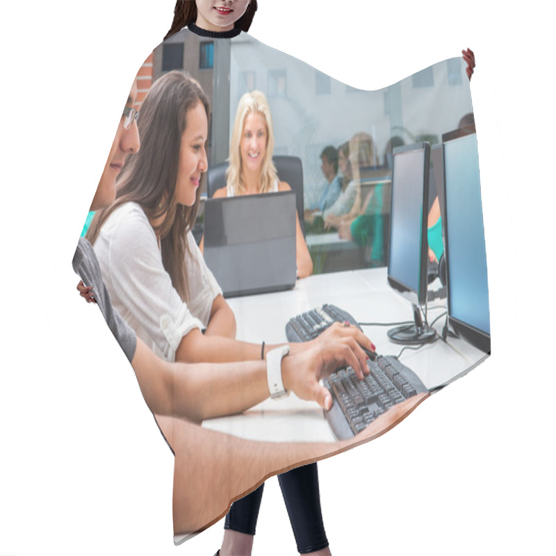 Personality  Group Of Students Training On Computers. Hair Cutting Cape