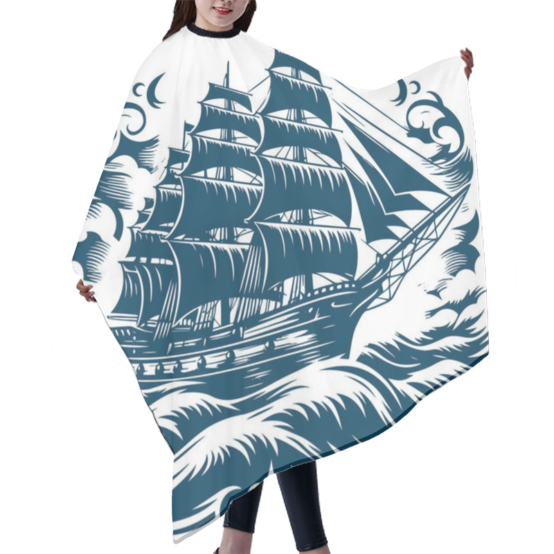 Personality  Detailed Engraved Ship Struggling Through Towering Waves Hair Cutting Cape