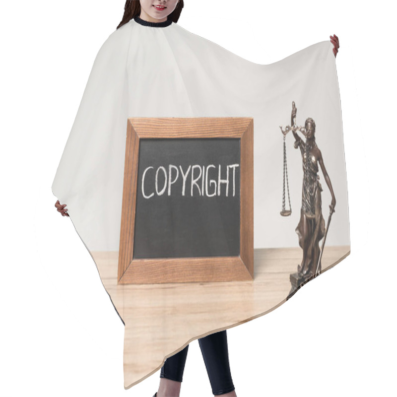 Personality  Chalkboard With Word Copyright, Themis Statue And Gavel On Wooden Desk Isolated On Grey Hair Cutting Cape