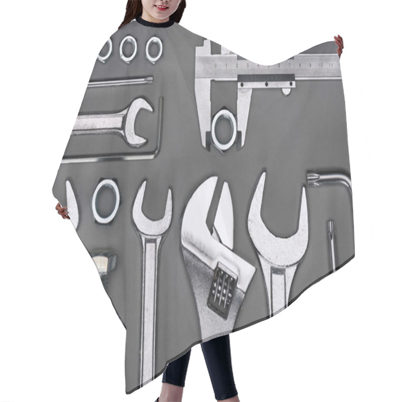 Personality  Top View Of Set Of Various Work Tools On Grey Hair Cutting Cape