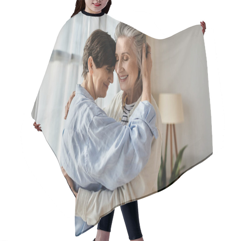 Personality  Two Elderly Women Share A Warm Embrace In Their Cozy Living Room. Hair Cutting Cape