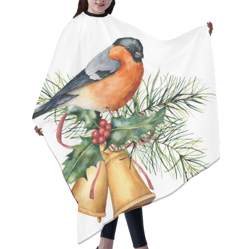 Personality  Watercolor Christmas Card With Bullfinch And Holiday Design. Hand Painted Bird With Bells, Holly, Red Bow, Berries, Fir Branch Isolated On White Background. Winter Symbol For Design, Print. Hair Cutting Cape