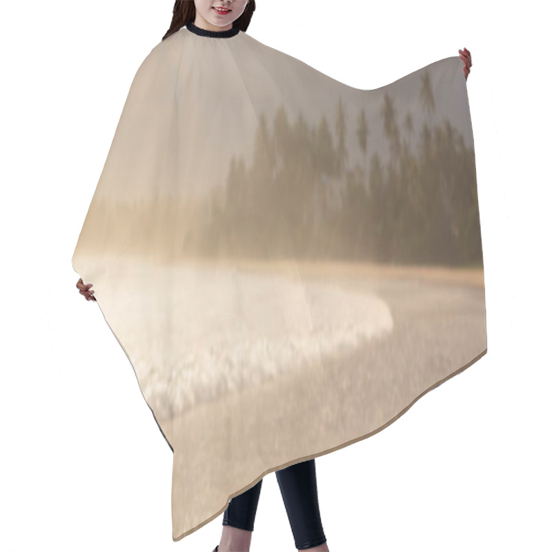 Personality  A Scenic View Of A Tropical Beach With Soft Waves And A Golden Sunset. The Blurred Palm Trees And Warm Light Create A Dreamy And Tranquil Ambiance, Perfect For Travel Or Nature Visuals. Hair Cutting Cape