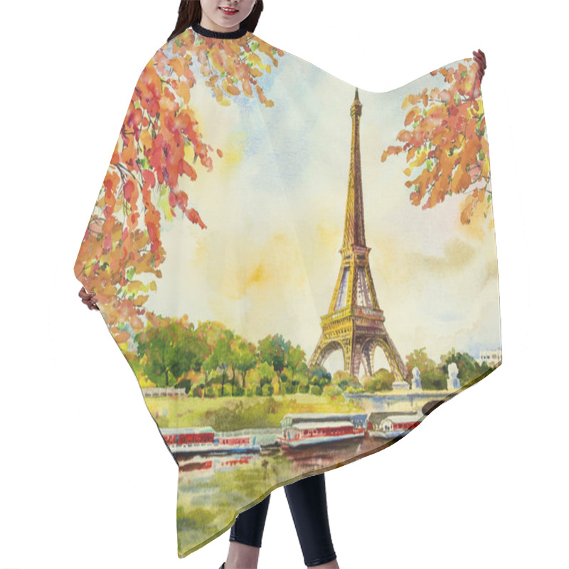 Personality  Paris European City Landscape. France, Eiffel Tower Famous, With Romantic The Seine River View In Autumn, Watercolor Painting Illustration, Skyline Background. World Landmark Hair Cutting Cape