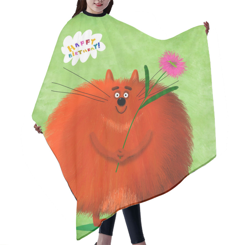 Personality  Birthday Card Big Round Cat With Flower And Grasshopper Hair Cutting Cape