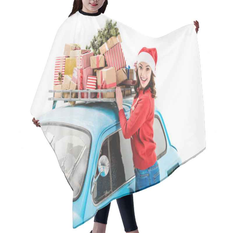 Personality  Woman With Christmas Gifts On Car Roof Hair Cutting Cape