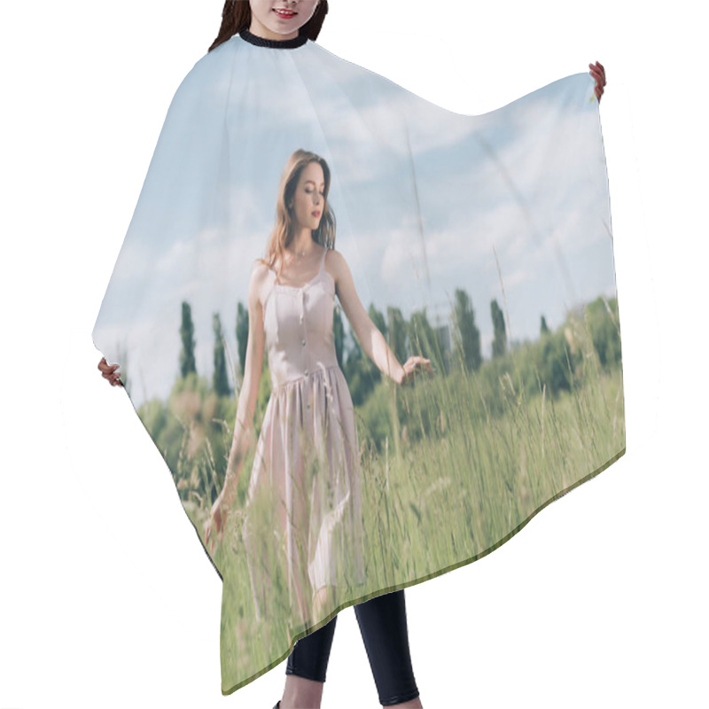 Personality  Young Pensive Woman In Stylish Dress With Long Hair Walking In Meadow Alone Hair Cutting Cape