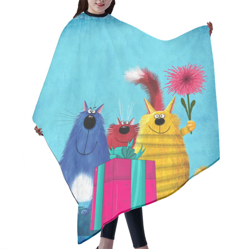 Personality  Smiling Cats Standing Behind Huge Present Box  Hair Cutting Cape