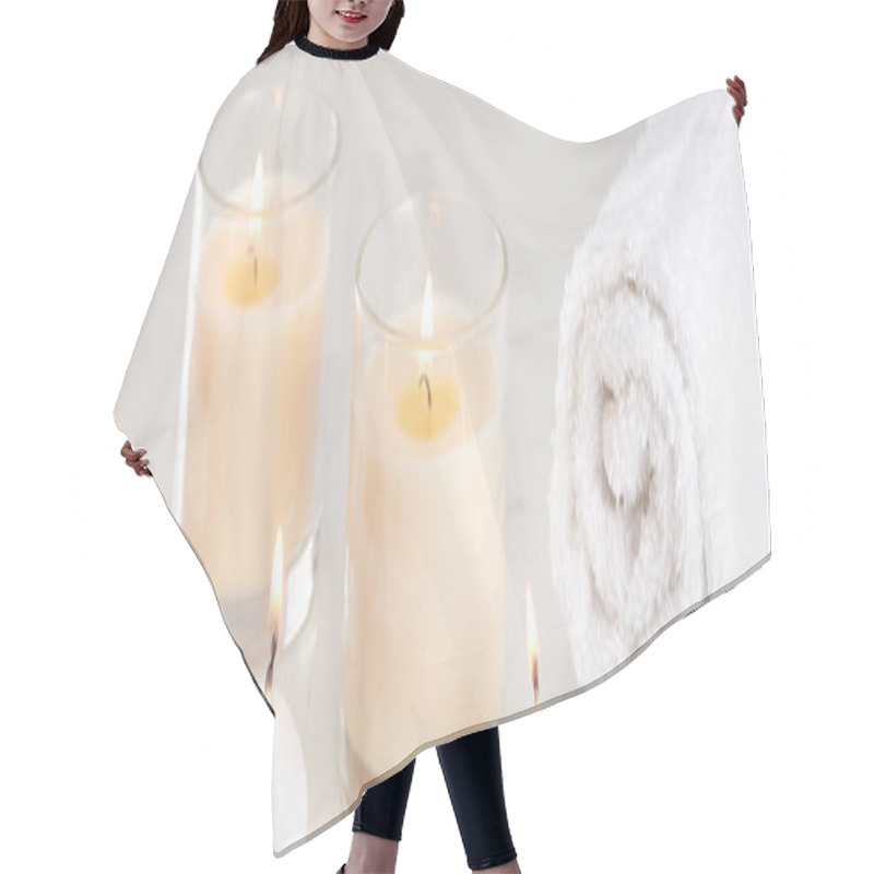 Personality  Burning White Candles In Glass And Rolled Towel On Marble White Surface, Panoramic Shot Hair Cutting Cape