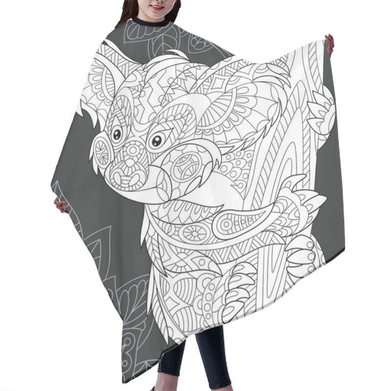 Personality  Koala Bear Drawn In Line Art Style. Jungle Background In Black And White Colors On Chalkboard. Coloring Book. Coloring Page. Zentangle Vector Illustration. Hair Cutting Cape