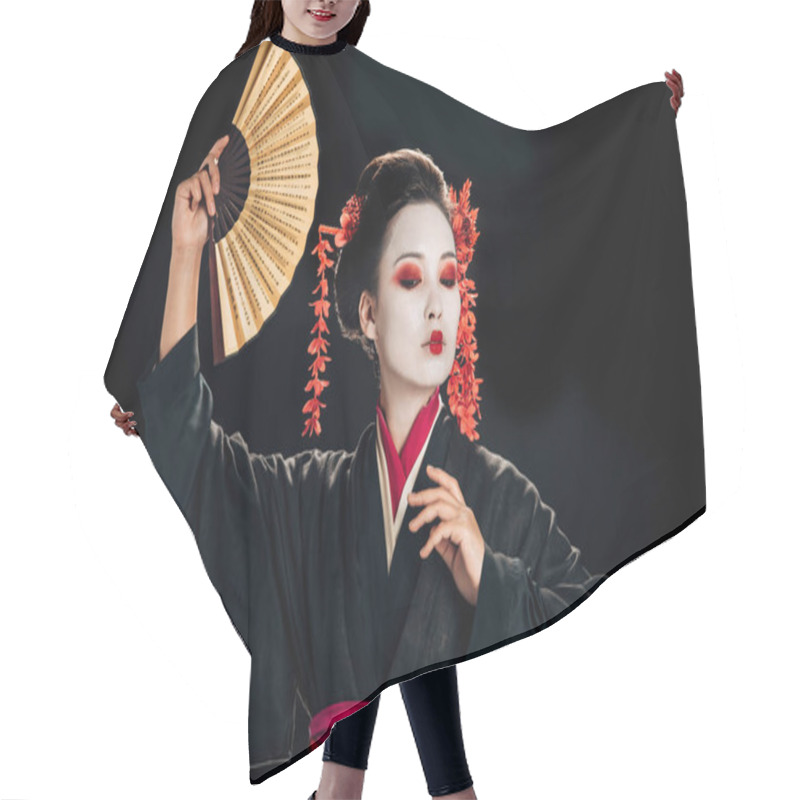 Personality  Geisha In Black Kimono With Red Flowers In Hair Dancing With Traditional Asian Hand Fan Isolated On Black Hair Cutting Cape