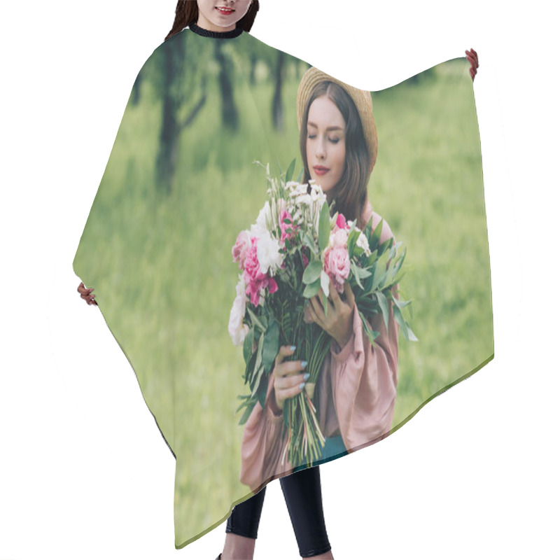 Personality  Portrait Of Beautiful Pensive Woman In Hat With Bouquet Of Flowers In Park Hair Cutting Cape