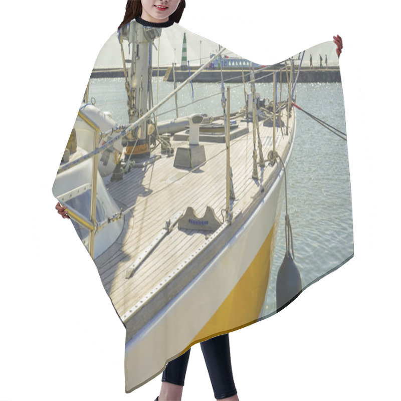 Personality  Yacht In Port With Wooden Deck. Travel Hair Cutting Cape