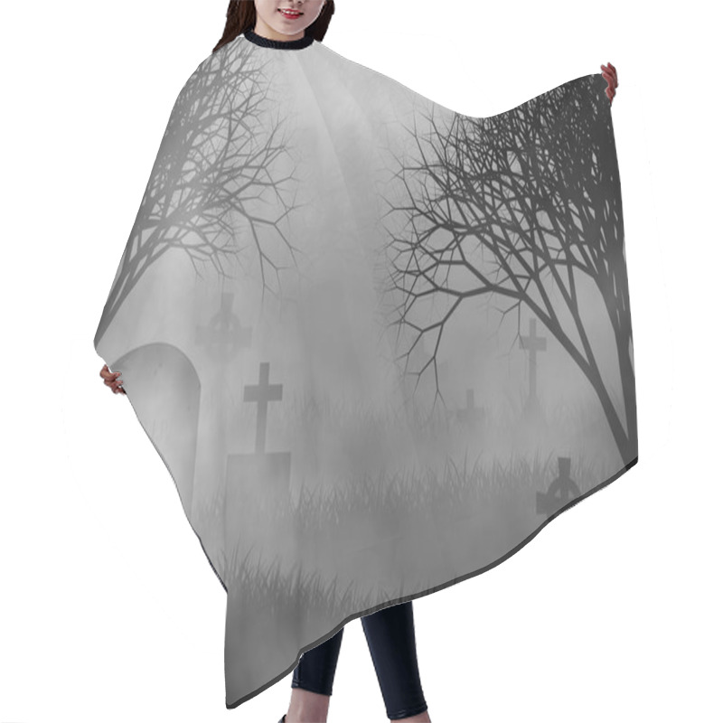 Personality  Scary Cemetery In Creepy Forest Illustration Halloween Concept Design Background With Grass Field, Crosses, Tombs, Graveyard, Fog, And Creepy Trees. Hair Cutting Cape