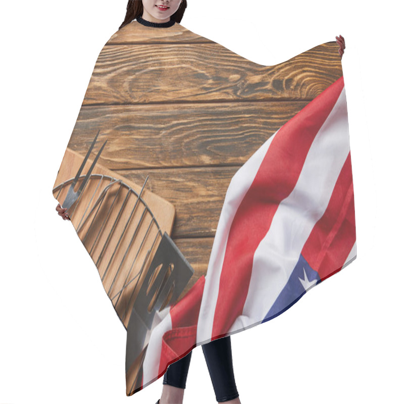 Personality  Top View Of American Flag Near Bbq Equipment On Wooden Rustic Table Hair Cutting Cape