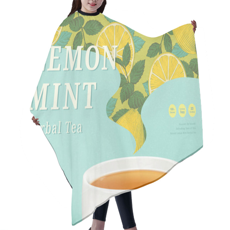 Personality  Lemon Mint Tea Ads With Engraving Pattern In Hot Steam Shape, 3d Illustration Tea Cup And Packaging On Turquoise Background Hair Cutting Cape