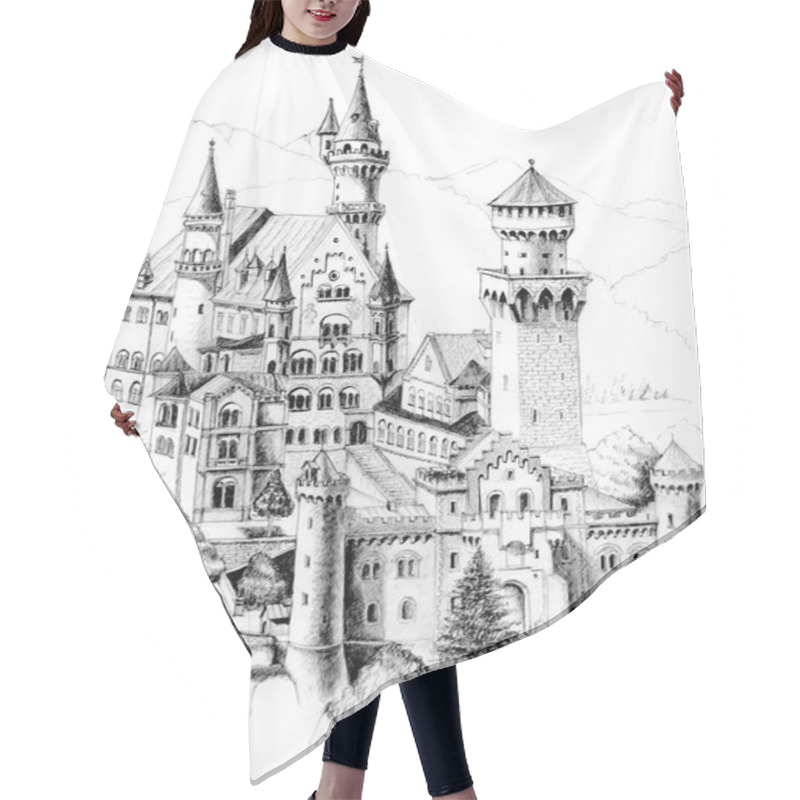 Personality  Neuschwanstein German Castle Freehand Drawn With Ballpoint Pen Hair Cutting Cape