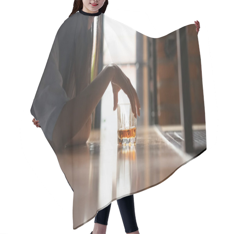 Personality  Sad Woman Drinker Holding Whiskey Glass Drinking Alone In Bar Hair Cutting Cape