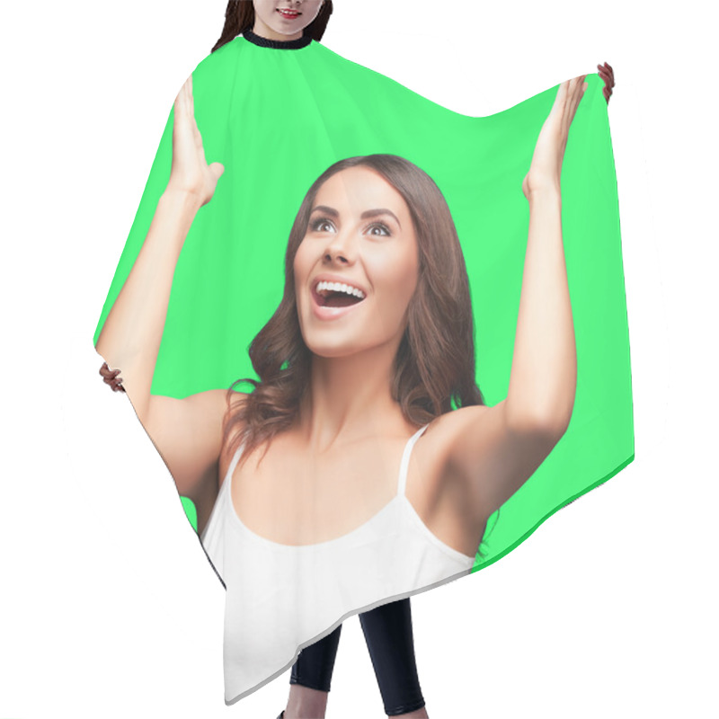 Personality  Happy Gesturing Woman Looking Up, On Green Chroma Key Background Hair Cutting Cape