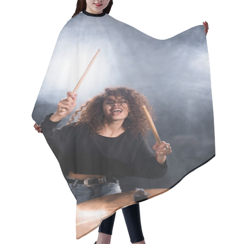 Personality  Female Drummer With Closed Eyes Shouting, While Playing On Drum Plate With Smoke On Black Background Hair Cutting Cape