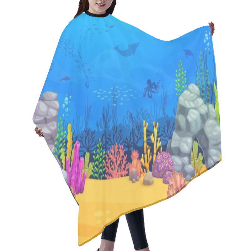 Personality  Cartoon Underwater Landscape With Fish Shoal Silhouettes And Seaweeds. Ocean Or Sea Animals And Plants Scene, Underwater Life Vector Background With Seaweed, Corals And Octopus, Jellyfish, Dolphin Hair Cutting Cape