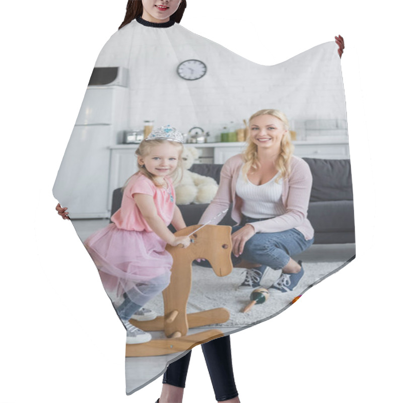 Personality  Happy Child In Fairy Costume Riding Rocking Horse Near Smiling Mother Hair Cutting Cape