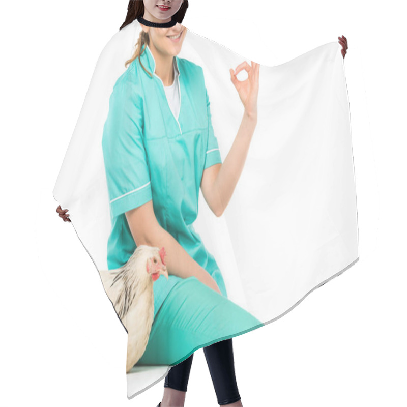 Personality  Cropped Shot Of Smiling Veterinarian Showing Ok Sign With Chicken Near By Isolated On White Hair Cutting Cape