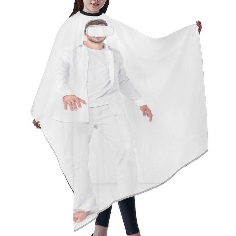 Personality  Adult Man In Total White Wearing Virtual Reality Headset Hair Cutting Cape