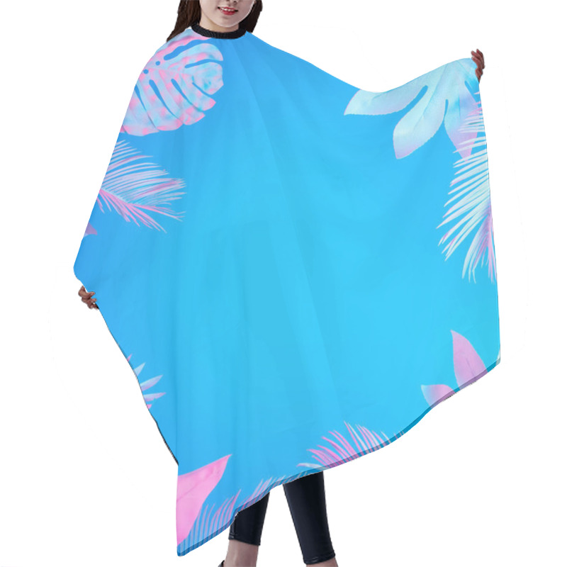 Personality  Minimal Surrealism Summer Background With Tropical And Palm Leaves In Vibrant Bold Gradient Holographic Neon Colors, Concept Art Hair Cutting Cape