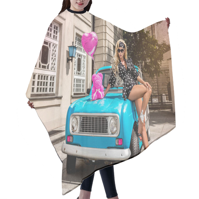 Personality  Polka Dots Fashion. Beautiful Blonde Young Woman Near The Car . Spring And Summer Fashion Model Concept. Rose Bear. Wedding Gift. Hair Cutting Cape