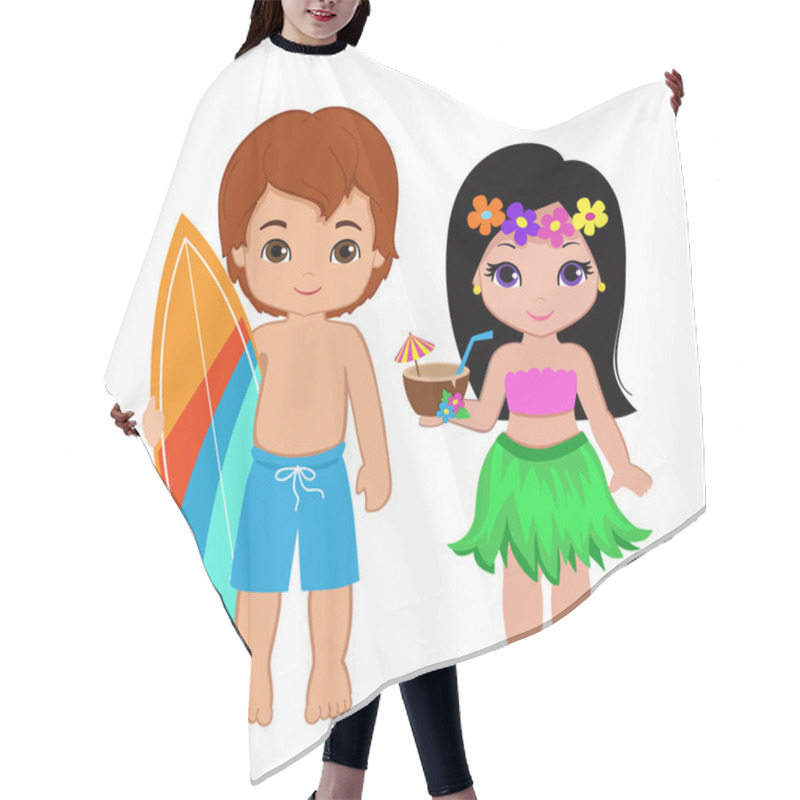 Personality  Illustration Of Cute Boy With Surfboard And Hawaiian Girl With Cocktail. Hair Cutting Cape