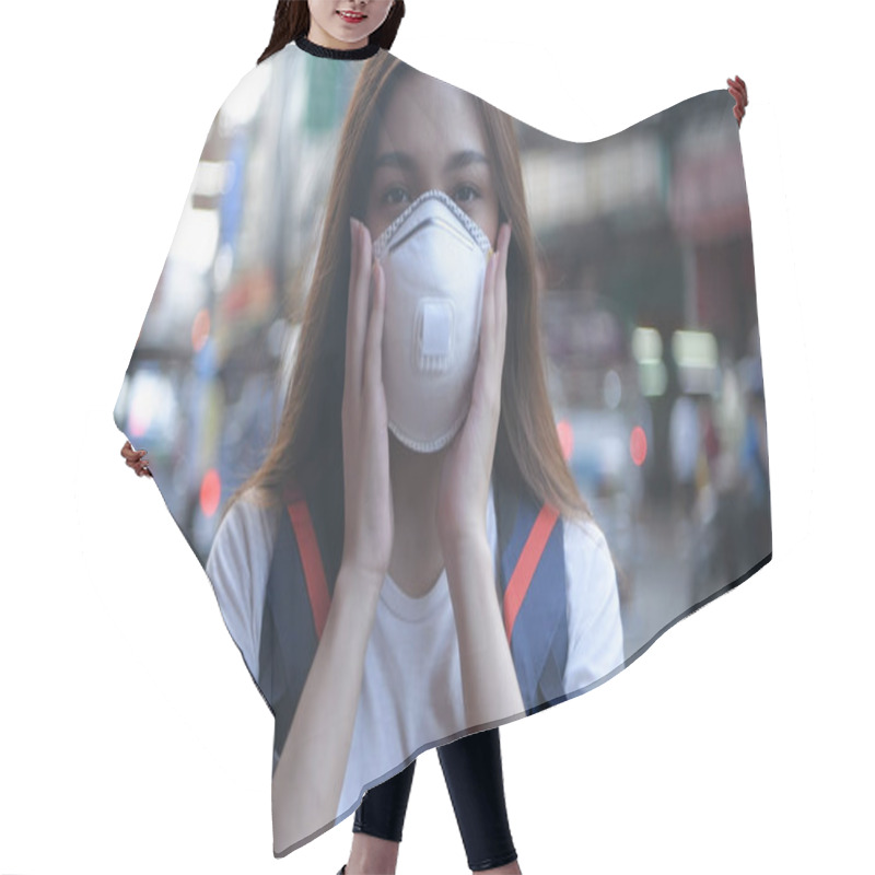 Personality  Concept Of Pollution Prevention. A Beautiful Woman Wearing A Mas Hair Cutting Cape