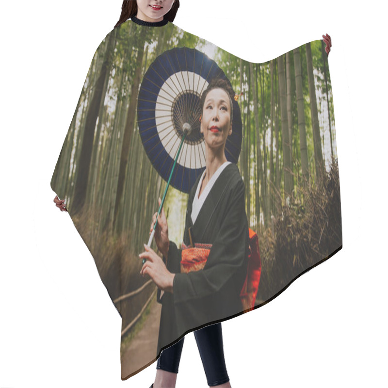 Personality  Beautiful Japanese Senior Woman Walking In The Bamboo Forest Hair Cutting Cape