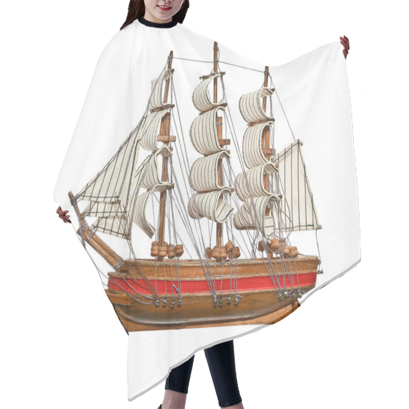 Personality  Model Of Old Sailing Ship Made Of Wood. Isolated On White.With P Hair Cutting Cape