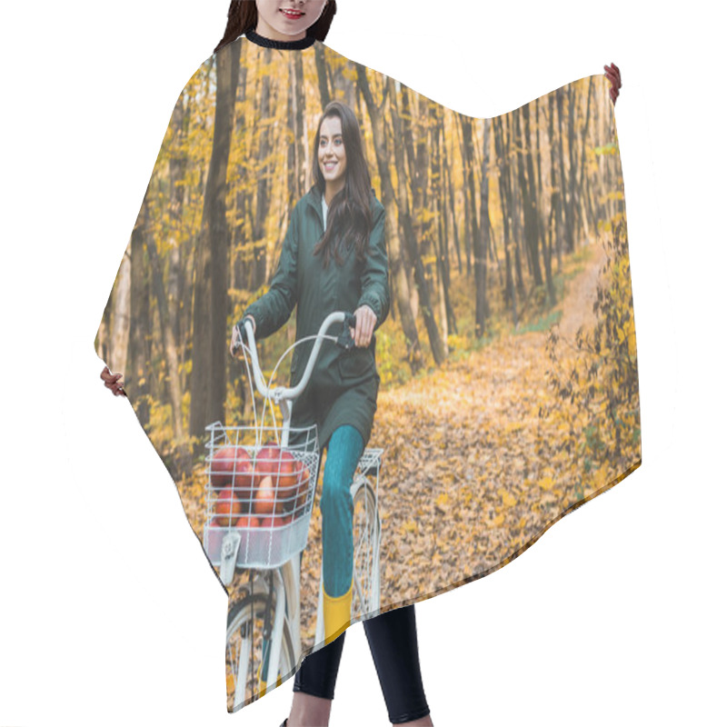 Personality  Happy Girl Riding On Bicycle With Basket Full Of Apples In Autumnal Forest Hair Cutting Cape