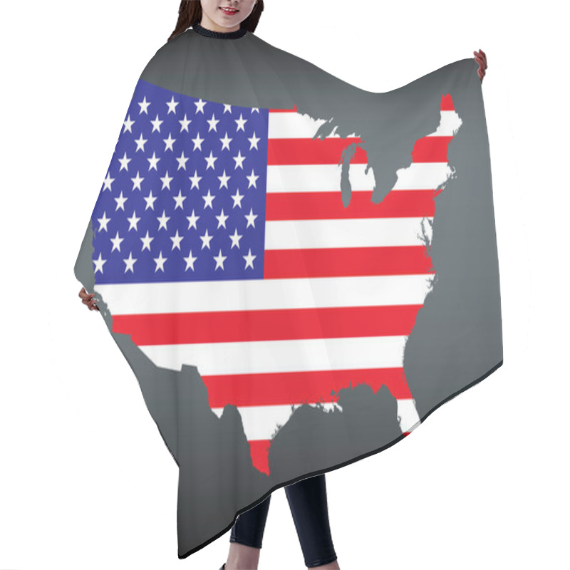 Personality  Silhouette Of The United States Map Filled With The American Flag, The Old Glory, Or Star-Spangled Banner. Stars And Stripes Stretched Across The Country Contours, Set Against Dark Gray Background. Hair Cutting Cape