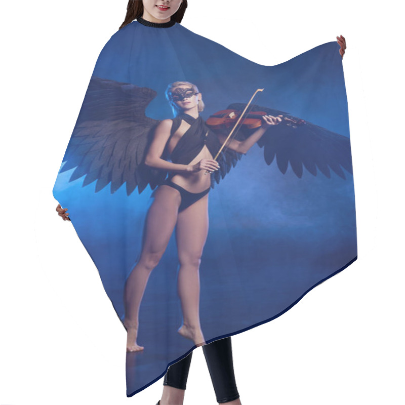 Personality  Beautiful Sexy Barefoot Woman With Lace Mask And Black Angel Wings Playing Violin On Dark Blue Background Hair Cutting Cape