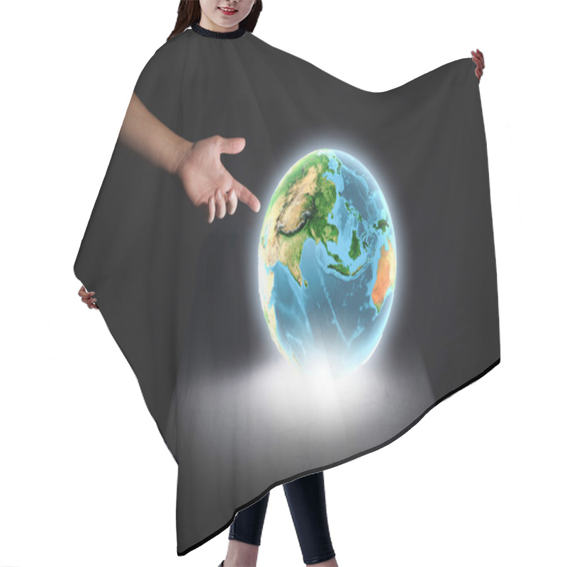 Personality  Human Hand Touching Earth Planet With Finger Hair Cutting Cape