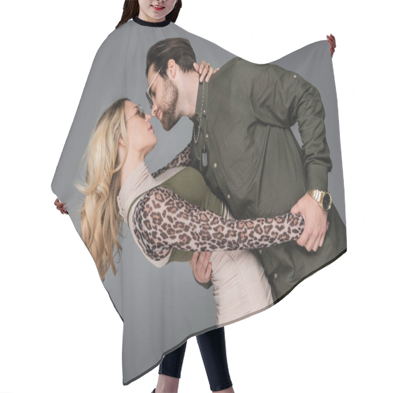 Personality  Bearded Man And Blonde Woman In Sunglasses Hugging Isolated On Grey Hair Cutting Cape