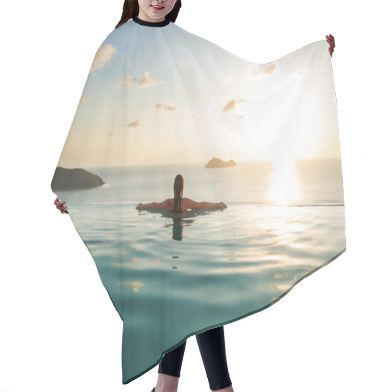 Personality  Girl In The Pool At Sunset With Views Of The Mountains And The Sea Hair Cutting Cape