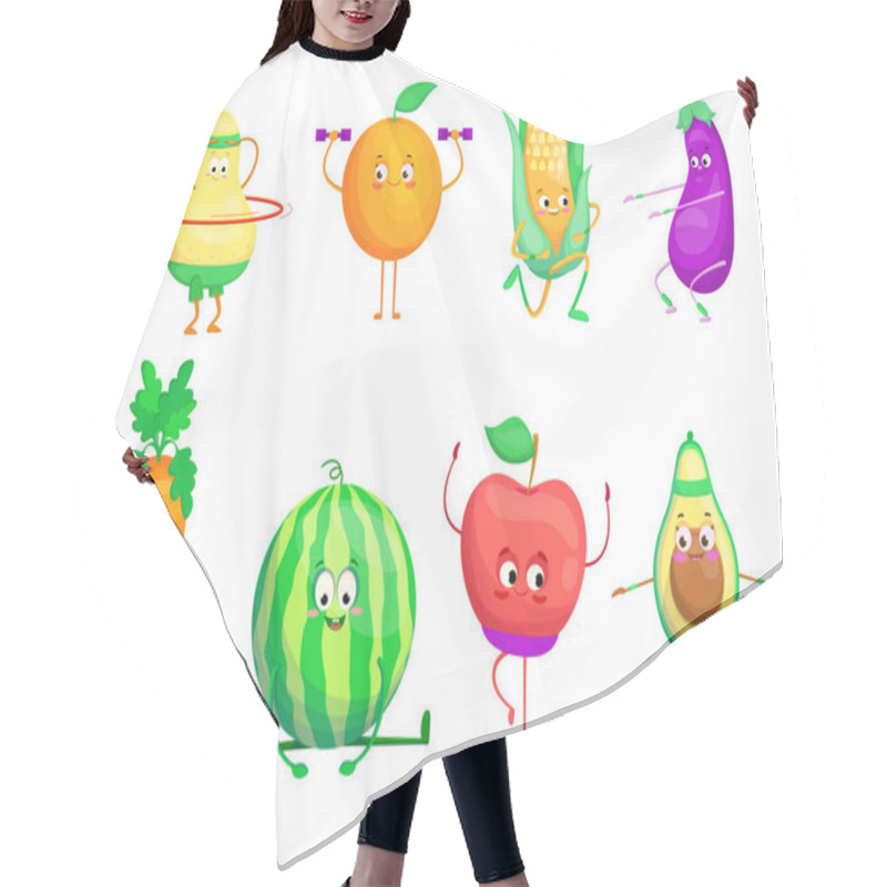 Personality  Active Cartoon Fruit And Vegetables Set. Pear, Apple, Avocado, Watermelon, Carrot Doing Sport Exercises. Vector Illustrations For Healthy Lifestyle, Nutrition For Activity, Wellness Concept Hair Cutting Cape