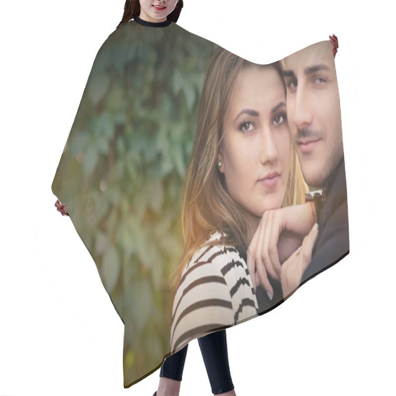 Personality  Young Couple In Love Outdoor Portrait Hair Cutting Cape