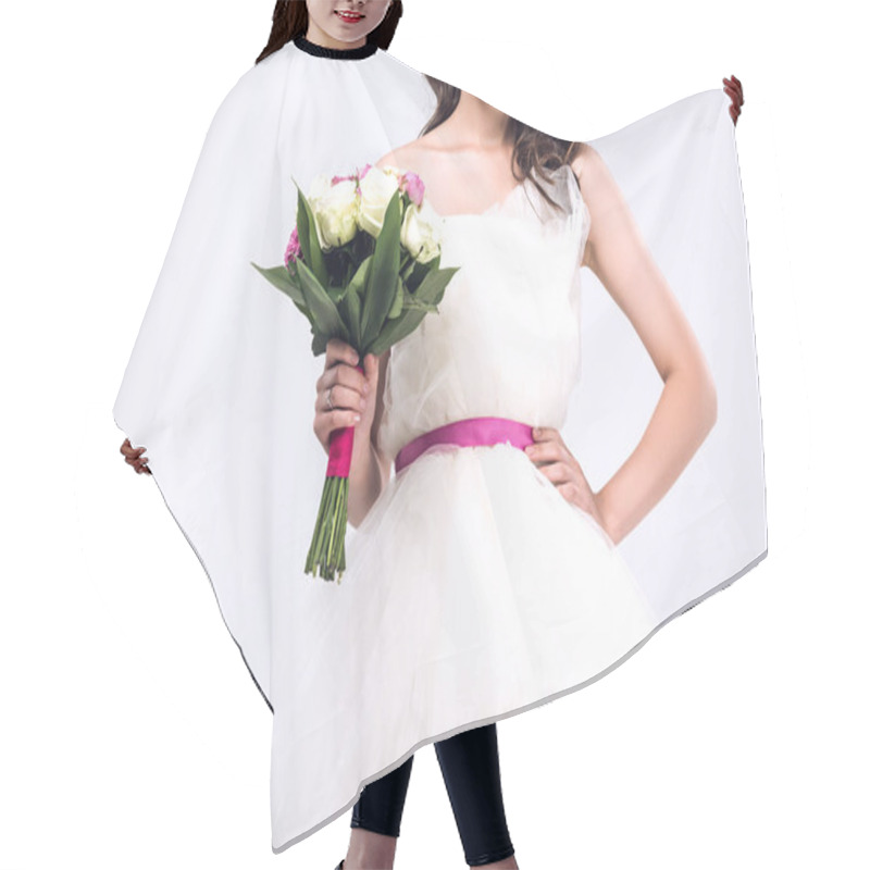 Personality  Cropped Shot Of Young Bride In Wedding Dress With Bouquet Isolated On White Hair Cutting Cape