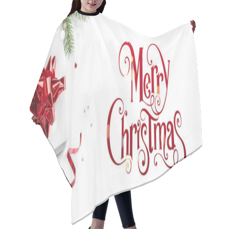 Personality  Merry Christmas Text On White Background With Gift Boxes, Ribbons, Red Decoration, Fir Branches, Bokeh, Sparkles And Confetti. Xmas And New Year Greeting Card, Bokeh, Light. Flat Lay, Top View, Banner Hair Cutting Cape