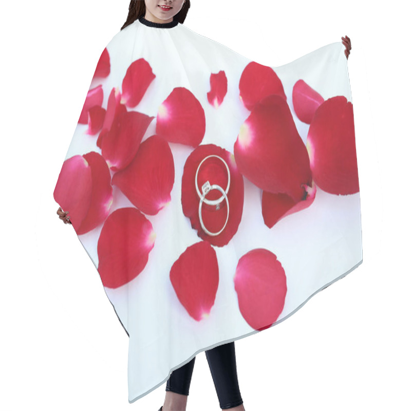 Personality  Abstract Petals Of Red Rose With Wedding Rings On White Background Hair Cutting Cape