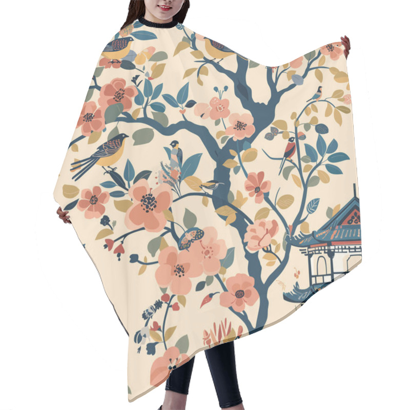 Personality  This Captivating Design Blends Intricate Chinese Architecture, Adorned With Delicate Flowers, Against A Backdrop Of Serene Clouds. Crafted With Meticulous Detail, This Vector Graphic Seamlessly Hair Cutting Cape