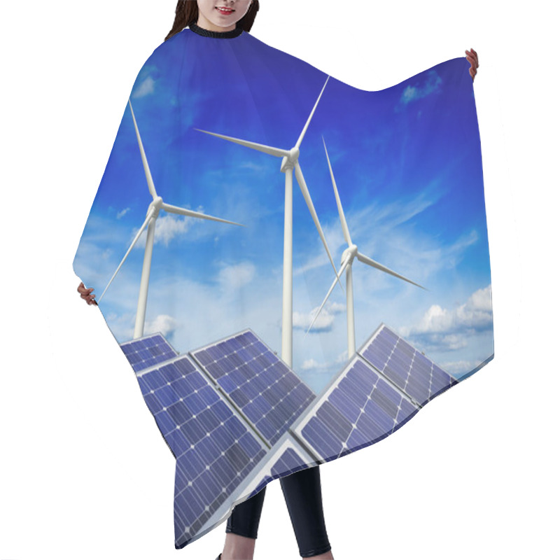 Personality  Green Alternative Energy And Environment Protection Ecology Concept - Solar Battery Panels And Wind Generator Turbines Against Blue Sky Hair Cutting Cape