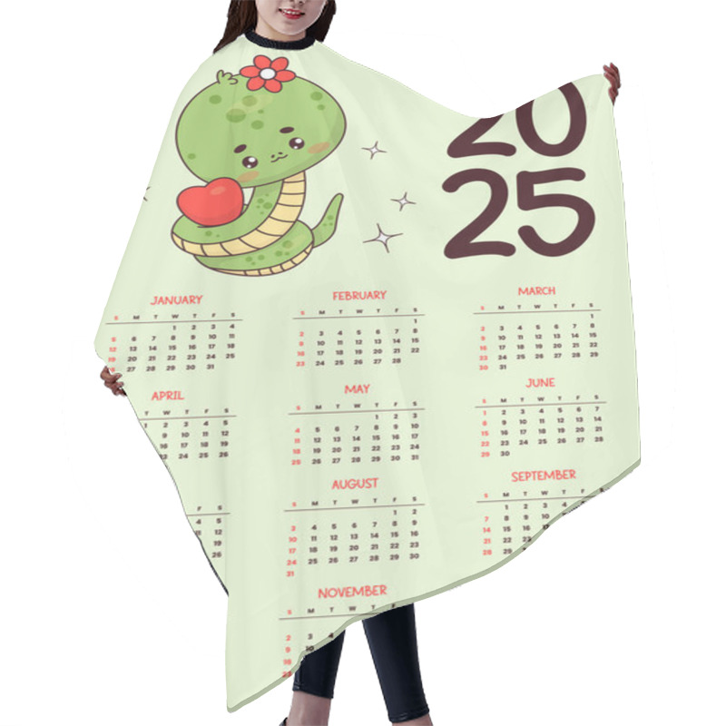 Personality  2025 Annual Calendar. Cute Snake Girl With Heart. Funny Kawaii Character. New Year Vector Vertical Template 12 Months In English. Week Starts Sunday. 2025 Year Snake According To Eastern Calendar Hair Cutting Cape